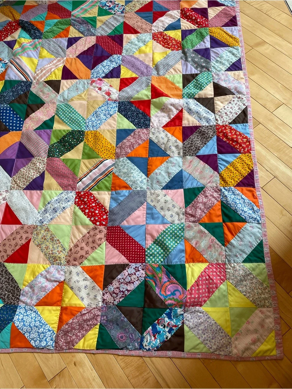 70’s Handmade Machine Zig Zag Stitch Multi Colored Patchwork Throw Lap Quilt